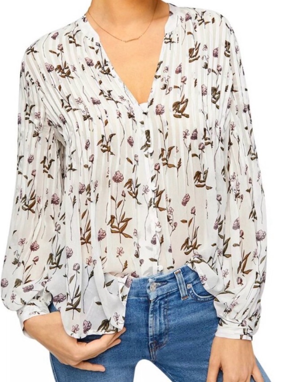 7 For All Mankind White/Purple Floral Pleated Button-Front Blouse NWT Sz. M #142